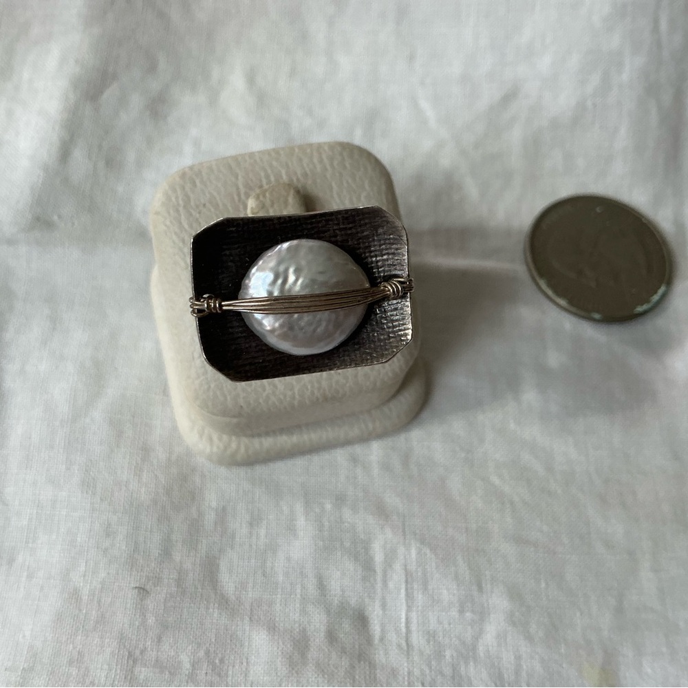 Handmade Sterling Ring accented with White Coin Pearl (C653)